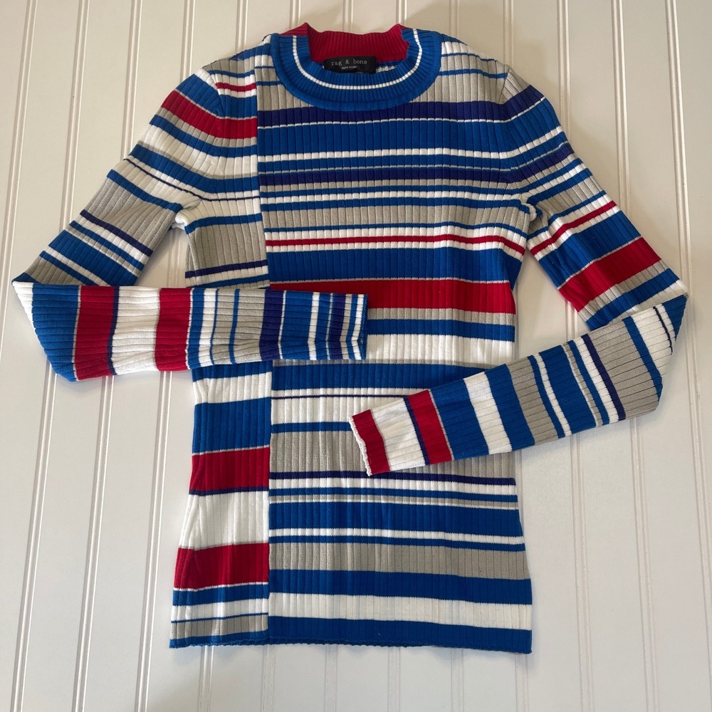 Rag & Bone Striped Ribbed Knit Sweater Womens XXS Blue Red White Crew Neck